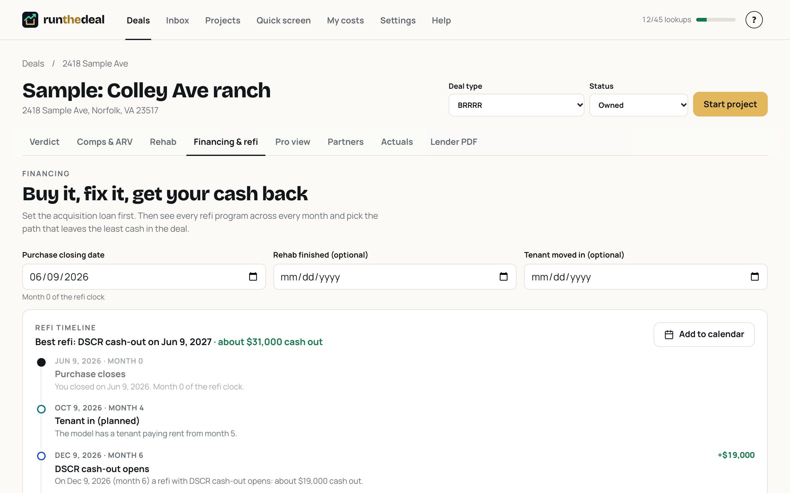Run The Deal refi timeline for a sample BRRRR showing when the DSCR cash-out opens and when the 12-month lien rule clears