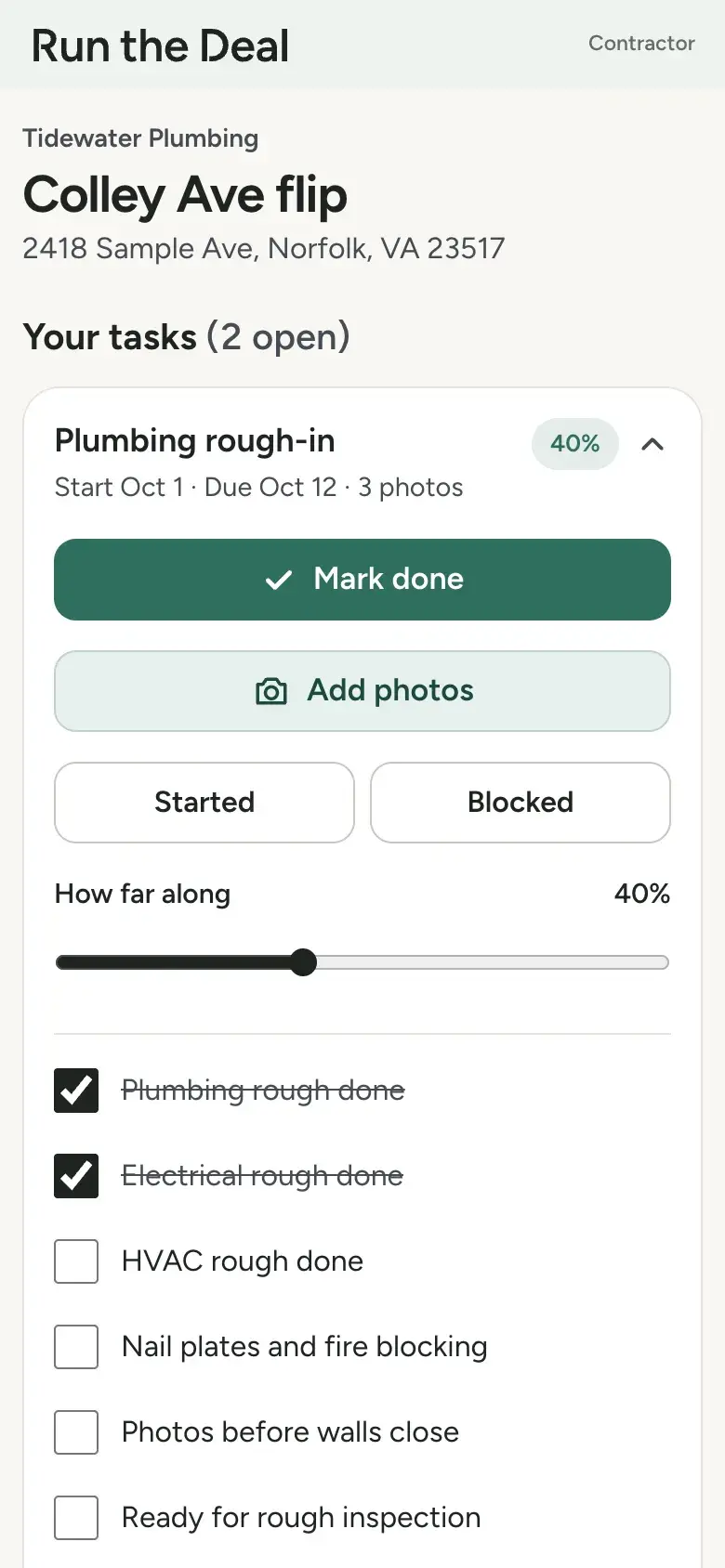 The contractor portal for a sample job: today's tasks, photos and work marked done