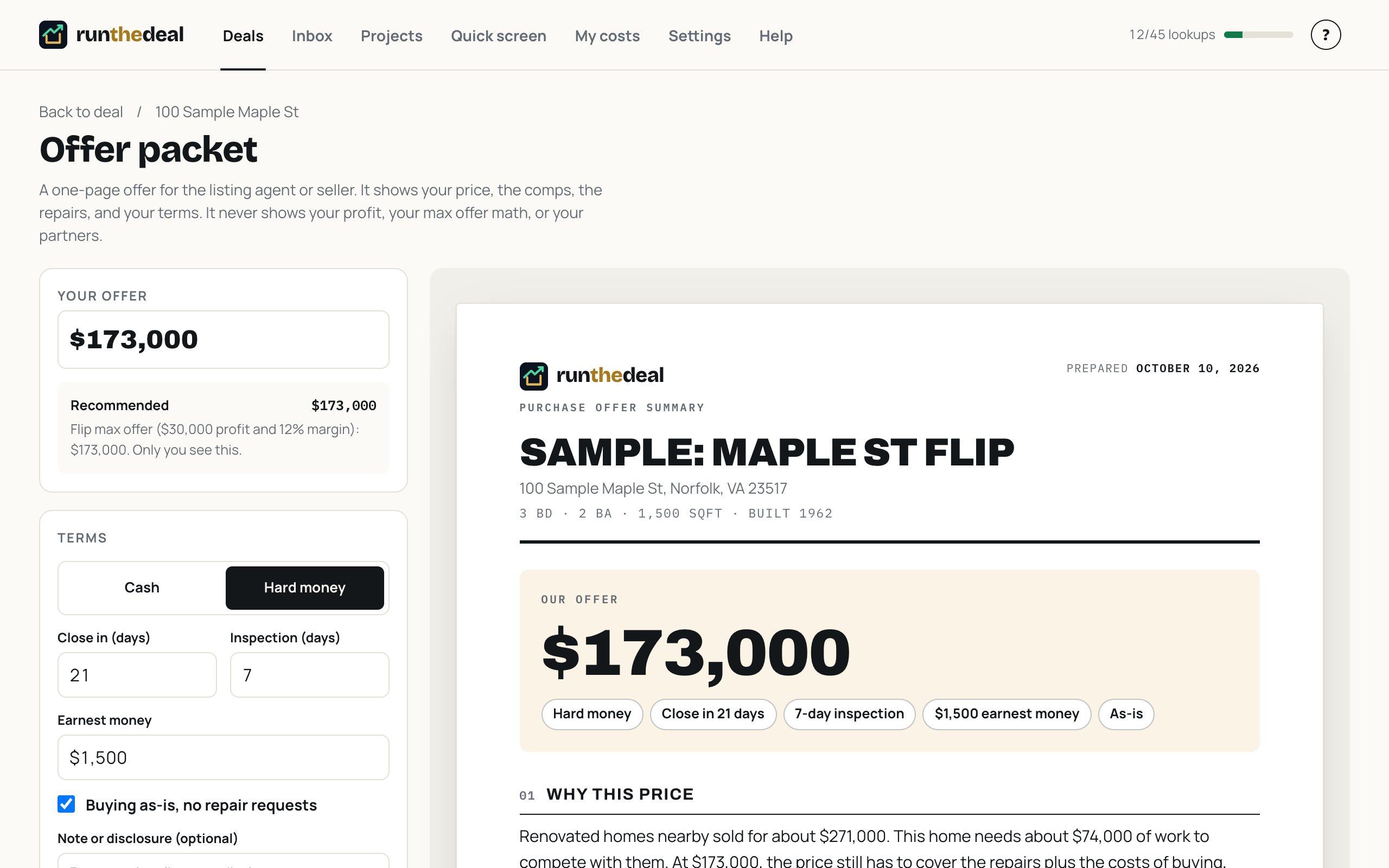 Offer packet builder with the offer price, terms and a printable one-page summary for the seller