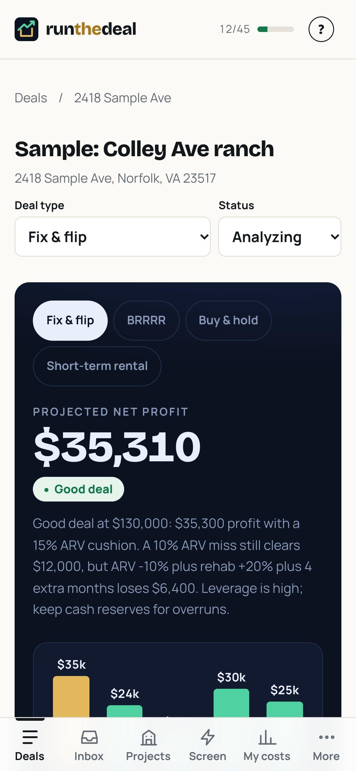 Run The Deal on a phone: a sample flip verdict with $35,310 projected profit