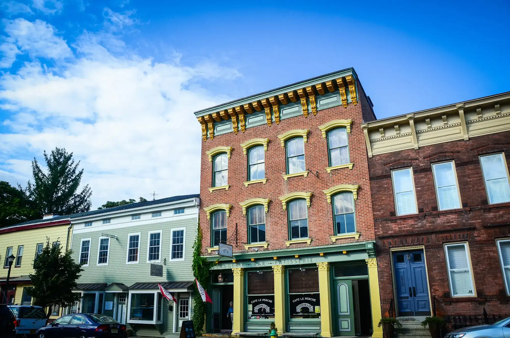 Brick storefront buildings on a small-town main street (stock photo)