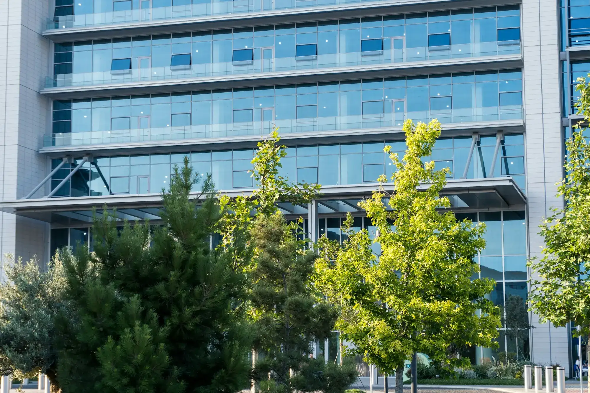 A modern glass office building with green trees in front (stock photo)